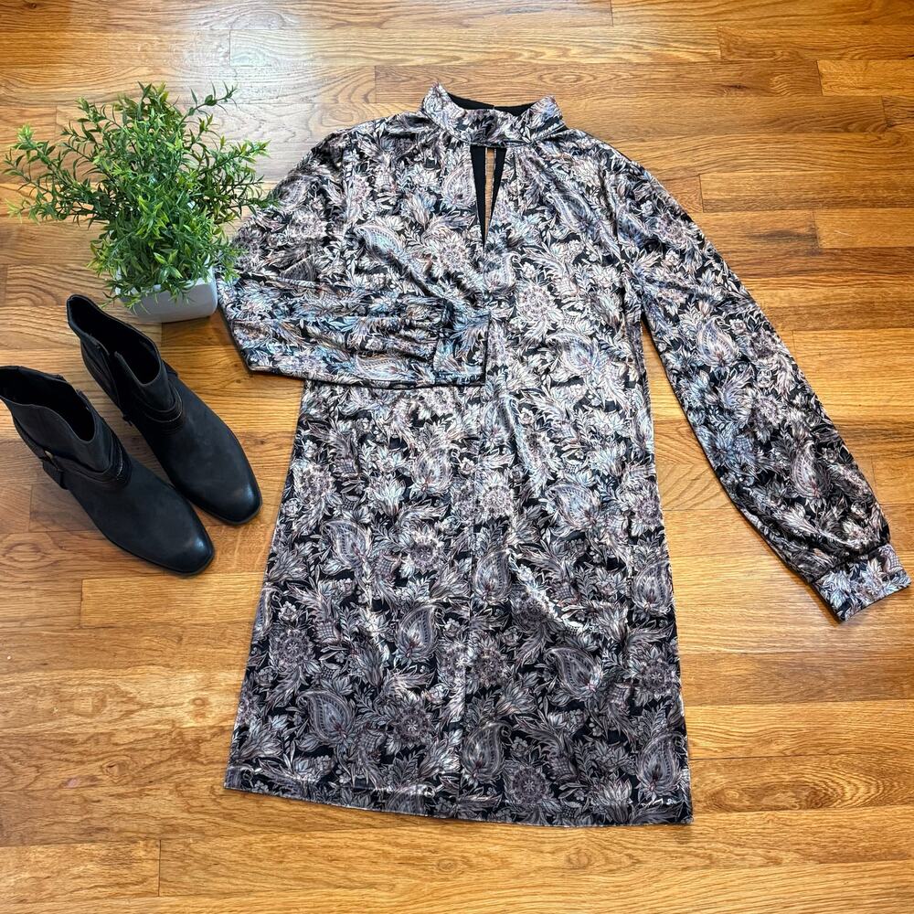 Melloday Womens XS Floral Paisley Velvet Long Sleeve Keyhole Cut Out Mini
dress